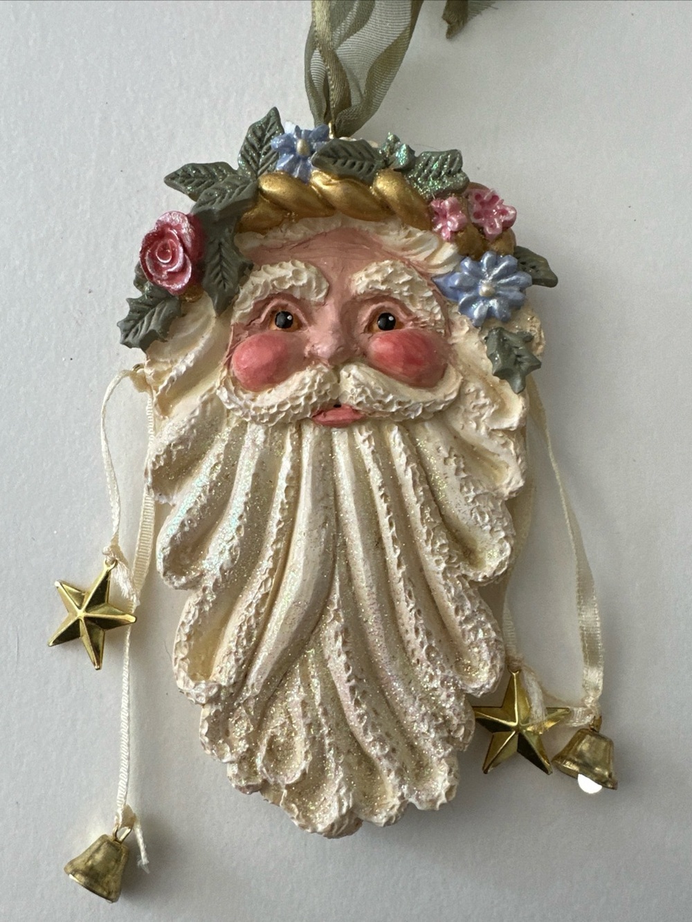 Kurt S Adler Darling Santa Head Resin Ornament Flowers Bell Stars Glitter